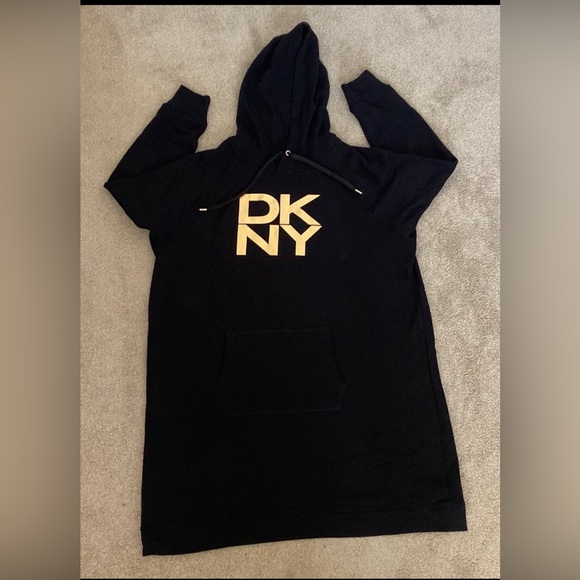 DKNY Plus Size Hoodie Drawstring Midi Dress Long Sleeve Pullover Black Gold 2X - Picture 3 of 7